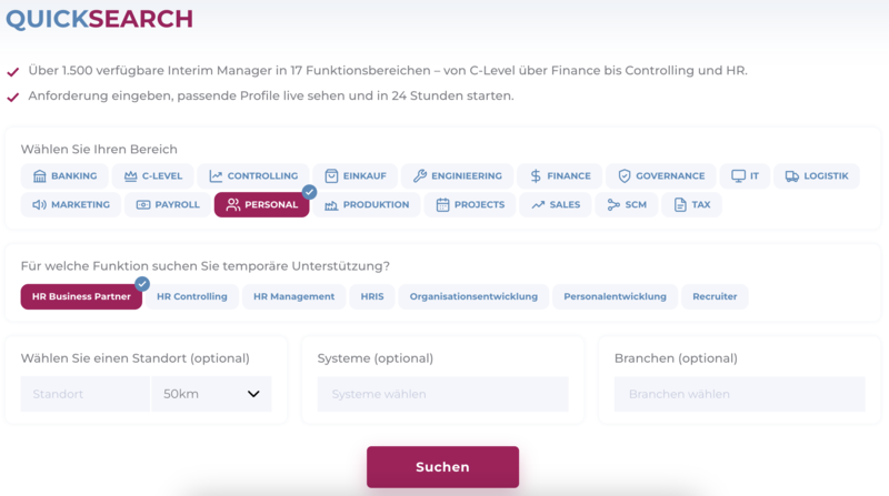 Verfügbare Interim Manager im QuickSearch finden QuickSearch von Interim Aid – Live-Datenbank mit über 1.500 verfügbaren